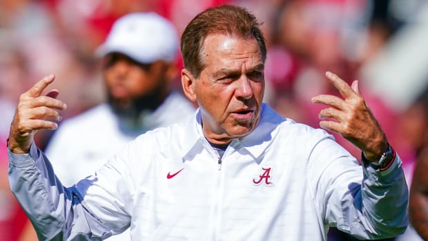Alabama coach Nick Saban reacting on sidelines against Razorbacks on Saturday